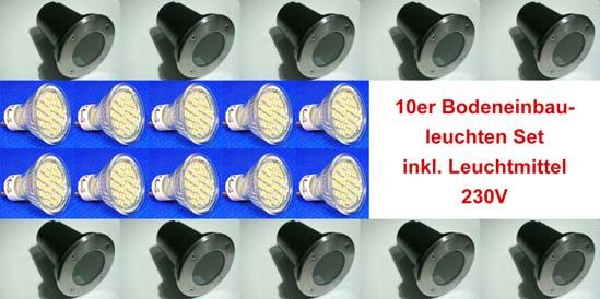 Nr: 950 Bodeneinbau rund Ø110mm 10erSET Edelstahl 230V cw 5er SET mit 24x5050SMD LED Wahlweise können Leuchtmittel oder Halogen werde.