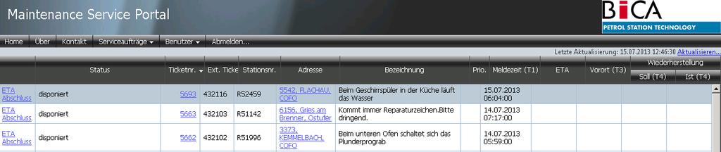 Über den Aktualisieren Link, welcher sich rechts oberhalb der Tabellenansicht der Serviceaufträge befindet, können Sie die Daten neu vom Server laden. 3.