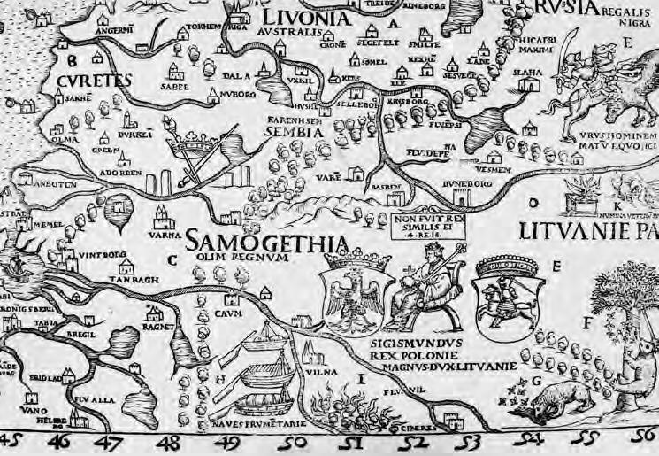 374 Abb. 2 Detail der Karte Nordeuropas aus Olaus Magnus»Carta Marina«, die 1539 in Venedig herausgegeben wurde und u.a. den Lauf der Memel zeigt. (Repr. E.