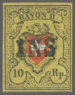 195. Corinphila Auktion 21. - 22. November 2014 Schweiz: RAYON 129 6533 6533 Rayon II gelb mit Einfassung (1850): Stein A3 Zumstein Type 7 l/u mit kompl.