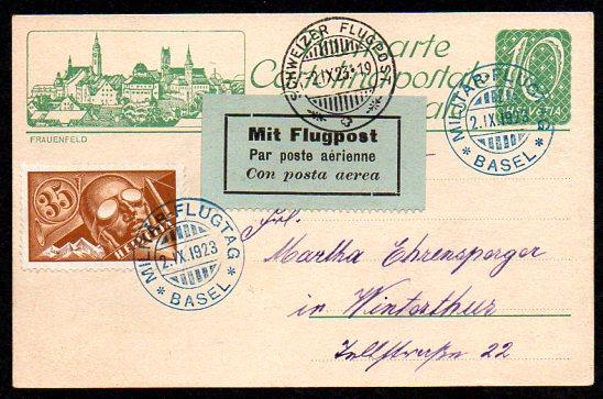 22601 1923 Militärflugtag von Basel, 45 Rp. Postkarte mit 10 Rp. Eindruck und 35 Rp.