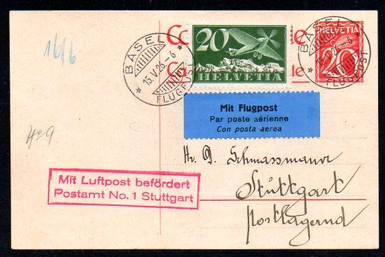 22672 1926 Basel - Stuttgart, 20 Rp. Karte mit 20 Rp.