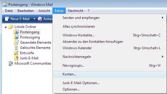 Windows Mail E-Mail Konten bearbeiten Um ein bestehendes Konto zu bearbeiten, folgen Sie bitte dieser Anleitung.