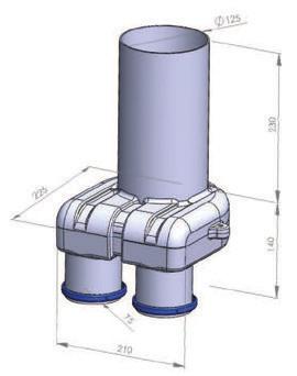 AERECO DXR - DXA 7 DX-RBX 75/75/125 RUND AXIAL DX-RBX 75/75/125 DN75 rund Raumbox DX-RBX 75/75/125 Axial rund Länge 230 Eingänge 2x, Ausgang DN 125