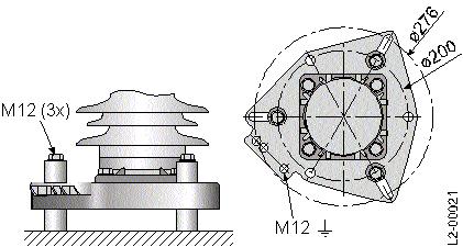 Tragösen [Fig. 7] auf die Stützer setzen und ausrichten. Ableiter mit drei Bolzen M12 x 10 befestigen [Fig. 10]. 1 Isolator 2 Platte 3 Ableiter Fig.