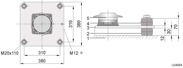 Seilzug) mittels Stropps und Tragösen [Fig. 6] auf die Grundplatte [3] setzen und ausrichten. Ableiter mit vier Bolzen M10 x 5 befestigen.