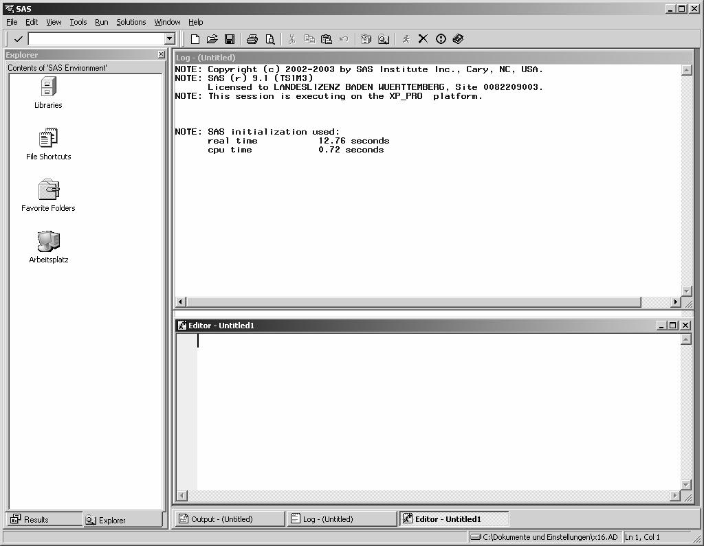 Menüleiste SAS- Explorer Kommando -zeile Editorfenster (Code) Symbolleiste (Tools) Protokollfenster (Log) Ausgabefenster (Output) Arbeitsweise SAS-Programme in den Editor laden (oder neu schreiben),