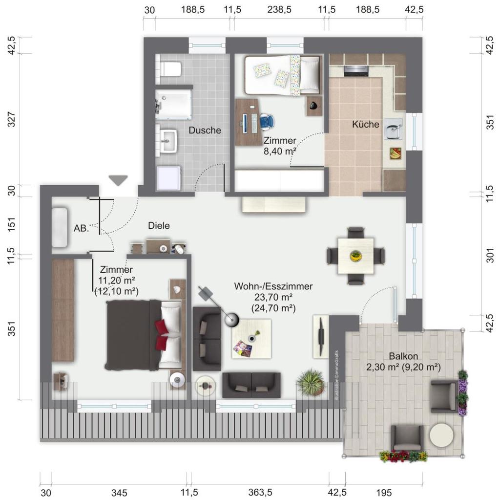 ..Grundrissbeispiel 4 DG Wohnfläche: 62,0 m² Diele ca. 4,3 m² Wohn- & Esszimmer ca. 24,8 m² Zimmer ca.