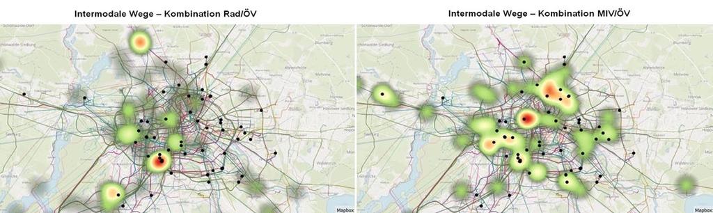 Mobilitätsverhalten Mobilität Bild 6: Hot spots intermodaler Verkehrsmittelnutzung in als Beispiel für räumliche Auswertungen der Trackingdaten Alltag, auf kürzeren Strecken fehlen hingegen noch