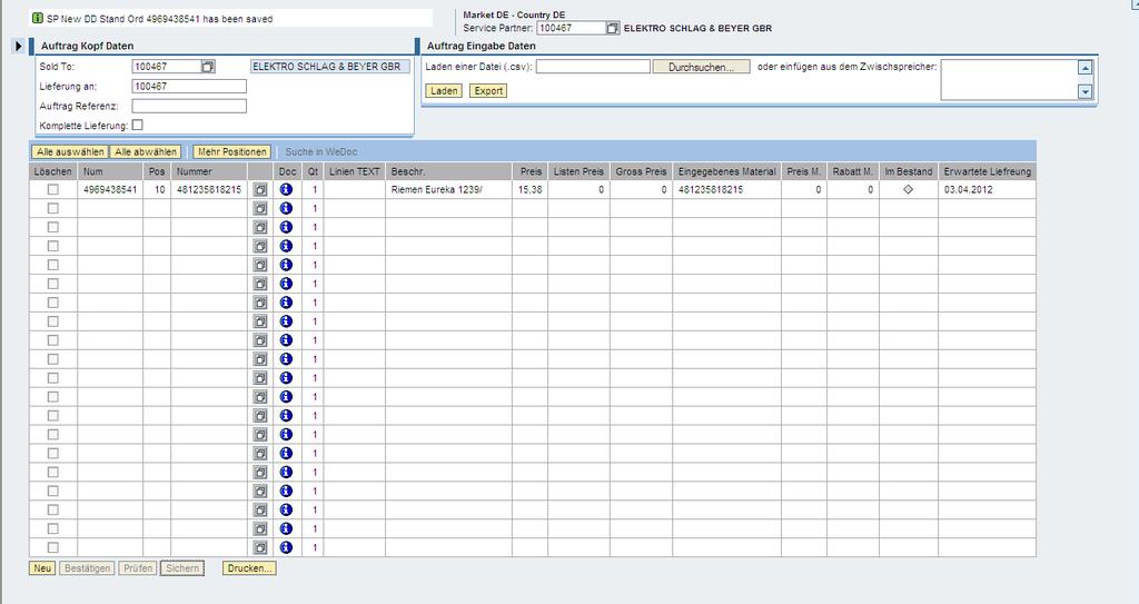 3.1 3.2 Abb.3 Anzeige nach Sichern 3.1 SAP Nummer der Bestellung wird angezeigt SAP: 3.