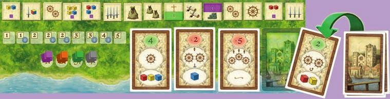 3 Spieler: 12 Plättchen und 3 Schiffkarten 4 Spieler: 15 Plättchen (alle Felder) und 4 Schiffkarten Anschließend zieht ein Spieler nacheinander, der Spieleranzahl entsprechend, Schiffkarten vom