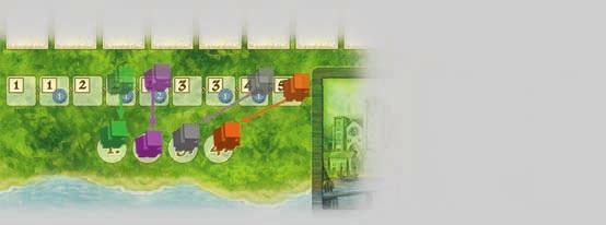 3. Aktionsphase a. Plättchen und Münzen nehmen Es beginnt der Spieler auf der Marktstraße, der mit seinem Kaufmann am weitesten links steht.