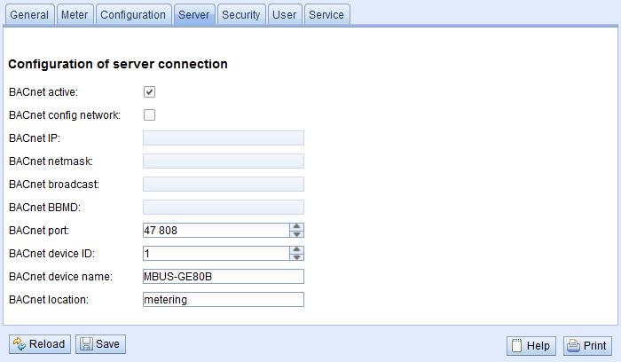 4.4 Tab Server Der Tab Server ermöglicht die Parametrierung der BACnet-Schnittstelle des MBUS-GEB.