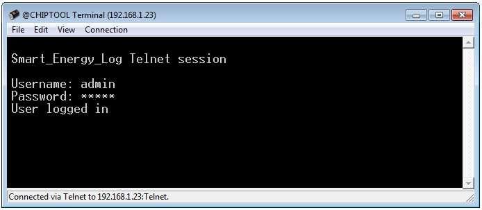 Abbildung 23: Telnet Fenster von CHIPtool Nach dem Einloggen zeigt die Konsole entsprechend der Konfiguration fortlaufend spezifische Systemausgaben des SmartEnergyLog an.