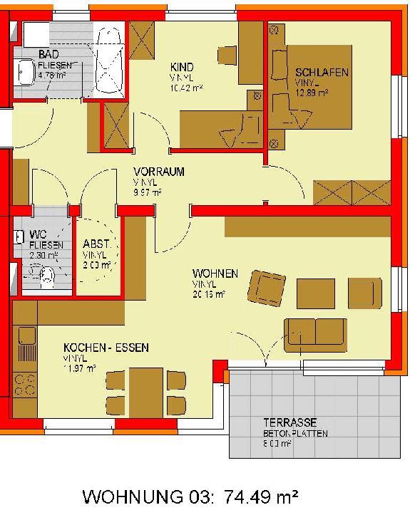 Finanzierung/Grundriss Wohnung 3 Wohnnutzfläche 82,49 m² Geschoß Variante Erdgeschoss Finanzierungsbeitrag* 2.907,00 Inkl.