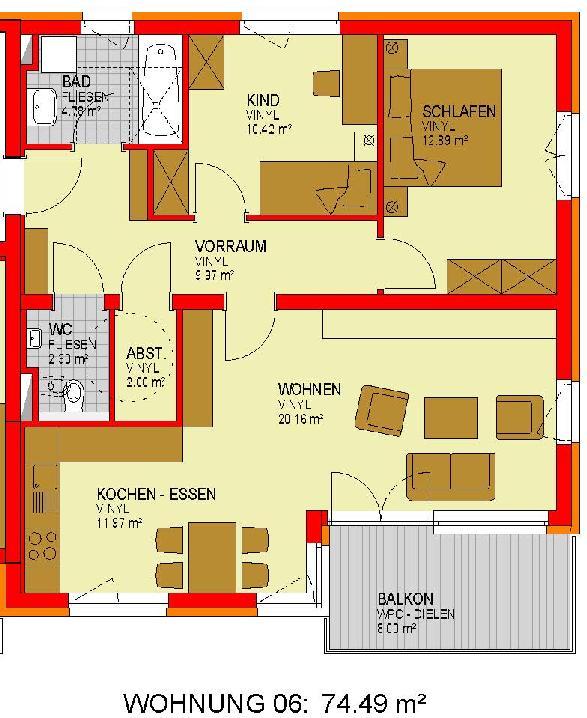 Finanzierung/Grundriss Wohnung 6 Wohnnutzfläche 82,49 m² Geschoß Variante 1. OG Finanzierungsbeitrag* 2.907,00 Inkl.