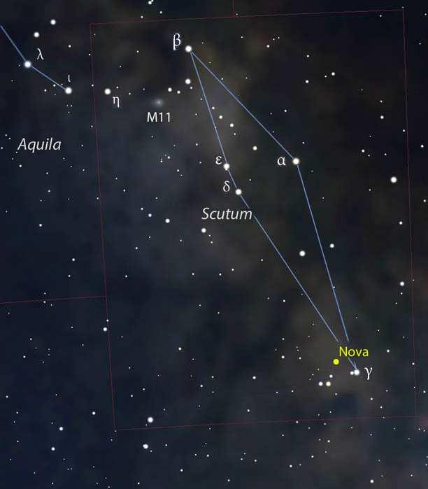 Abb. 2 Position der Nova ASASSN-17hx im Sternbild Schild. Die Nova ASASSN-17hx befindet sich in der Nähe des Sterns γ Sct.