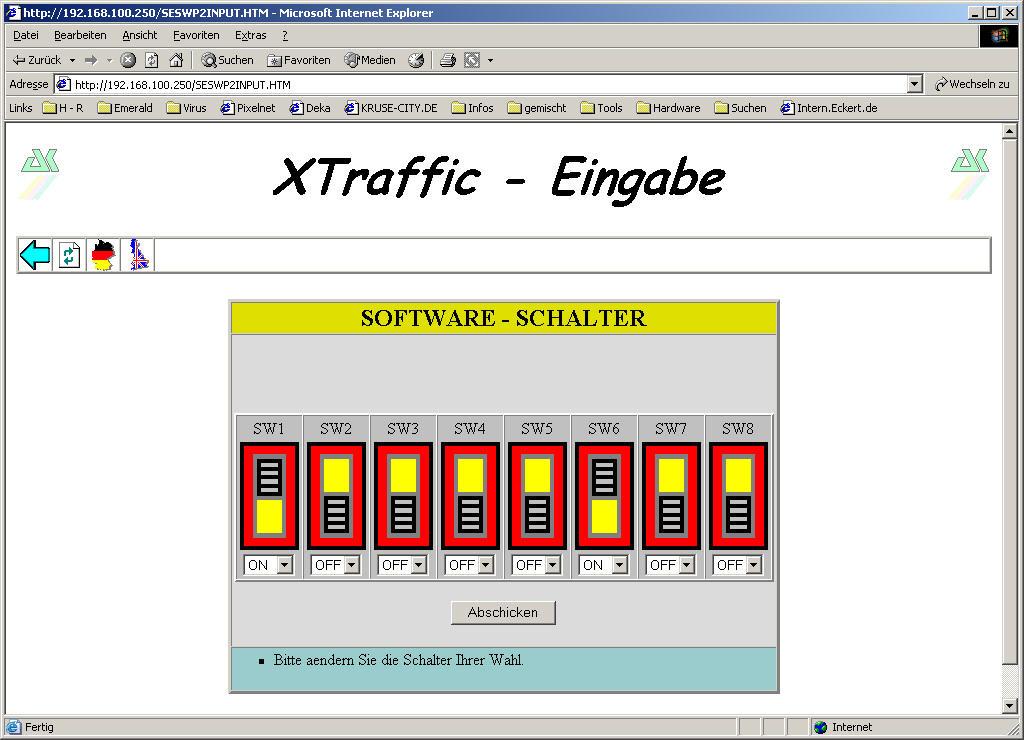 Schalten Sie SW1 und SW2 auf ON, um 38400Baud zu setzen (erst ab Firmware vom 07.07.2003, bei 38400Baud muss zusätzlich im Bereich Eingangs Software-Schalter SW 2 auf ON gesetzt werden).