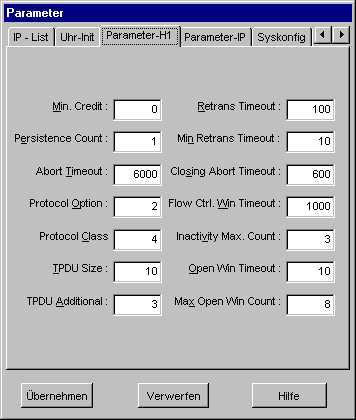 Handbuch VIPA WinNCS WinNCS für CPs Register Parameter-H1 Die H1-Systemparameter stellen die Betriebsparameter der Schicht 4 dar, die für Slave-Master-Kommunikation erforderlich sind.