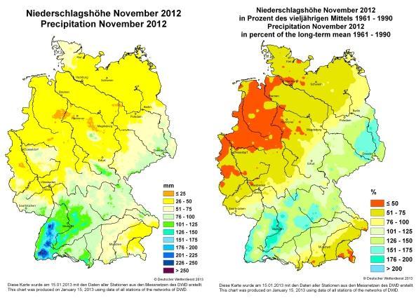 Abbildung 10: Niederschlagshöhe im November 2012 (absolut in mm und relativ in % des langjährigen Mittels 1961-1990) [2] Abbildung 11: Wetterkarte vom 1.