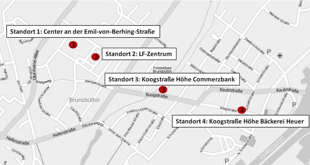 2.7 Kundenfrequenzanalyse In der Woche vom 18. bis 23. Oktober 2010 wurde in der Koogstraße sowie im Neuen Zentrum in Brunsbüttel an vier Standorten eine Kundenfrequenzzählung durchgeführt.