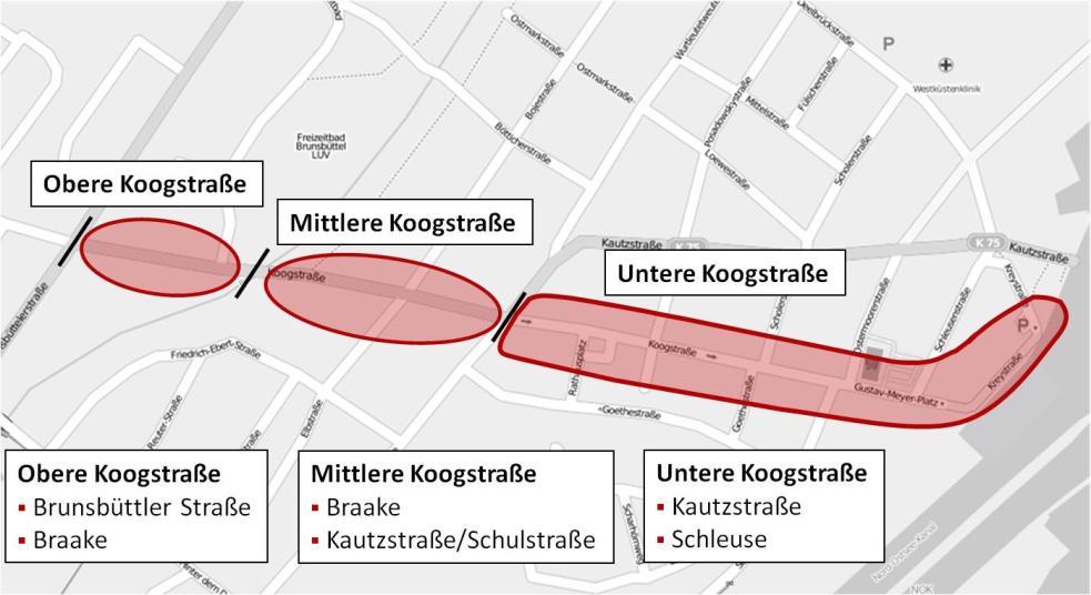 3.1.5 Einzelhandelslagen in der Stadt Brunsbüttel Die Stadt Brunsbüttel verfügt mit der unteren Koogstraße (einspurig befahrbarer Bereich) einschließlich der angrenzenden Lagen Gustav-Meyer-Platz/