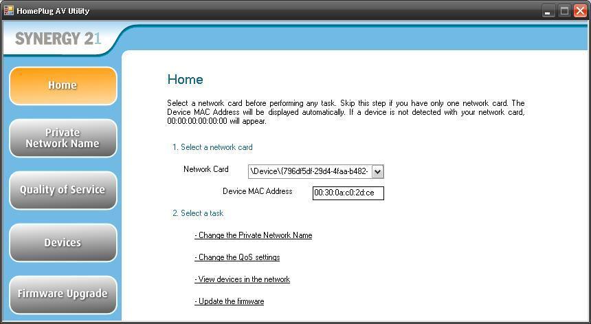 Durch Klicken auf HomePlug AV Utility starten sie das Diagnose & Konfigurationsprogramm und erhalten folgenden Start-Bildschirm: Startbildschirm Bei Device MAC Address sehen sie die Adresse ihres