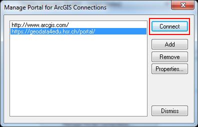 Die HSR-Portal for geodata4edu URL Adresse auswählen, damit die Connect Schaltfläche aktiviert wird. Connect klicken und dann die Konfiguration mit Save abspeichern. 3.