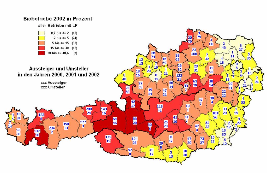 Ländlicher Raum 2 Um die Entwicklungsdynamik nach der fünfjährigen Bindung im ÖPUL 95 darzulegen, wird die Anzahl der Aussteiger und Umsteller in den Jahren 2000 bis 2002 nach Bezirken wiedergegeben