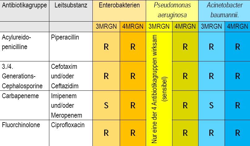 Antibiotika-Einsatz = Selektionsvorteil für MRE Cephalosporine, Chinolone, Carbapeneme: Vorteil MRSA, VRE, MRGN 3 MRGN / 4 MRGN (Carbapenem-R): neuer Begriff statt