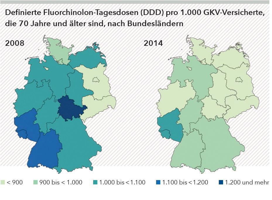 Fluorchinolone: Vertragsärzte 2008 / 2014 Verordnungsrate (ESAC-Indikator): max.