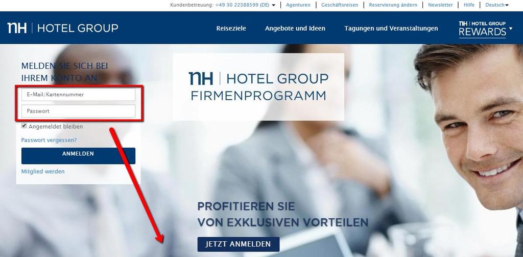 2. Wie logge ich mich ein? 1 Gehen Sie auf www.nh-hotels.de/geschaeftsreisen (oder eine andere Sprachversion (z.b..es,.com, usw.