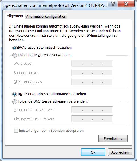 Einstellungen am Windows PC Selektieren Sie die Option IP-Adresse automatisch beziehen. Klicken Sie hier und im nachfolgenden Dialog auf OK.