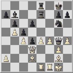 Stellung nach 21.Dd3 (s. Diagramm) 21...Sxh4 Mit dem Opfer des Springers für zwei Bauern wird die weiße Stellung geöffnet. 22.gxh4= Lxe4 23.Dh3 [23.De2 Dg3 24.Df2= hält ebenfalls die weiße Stellung.