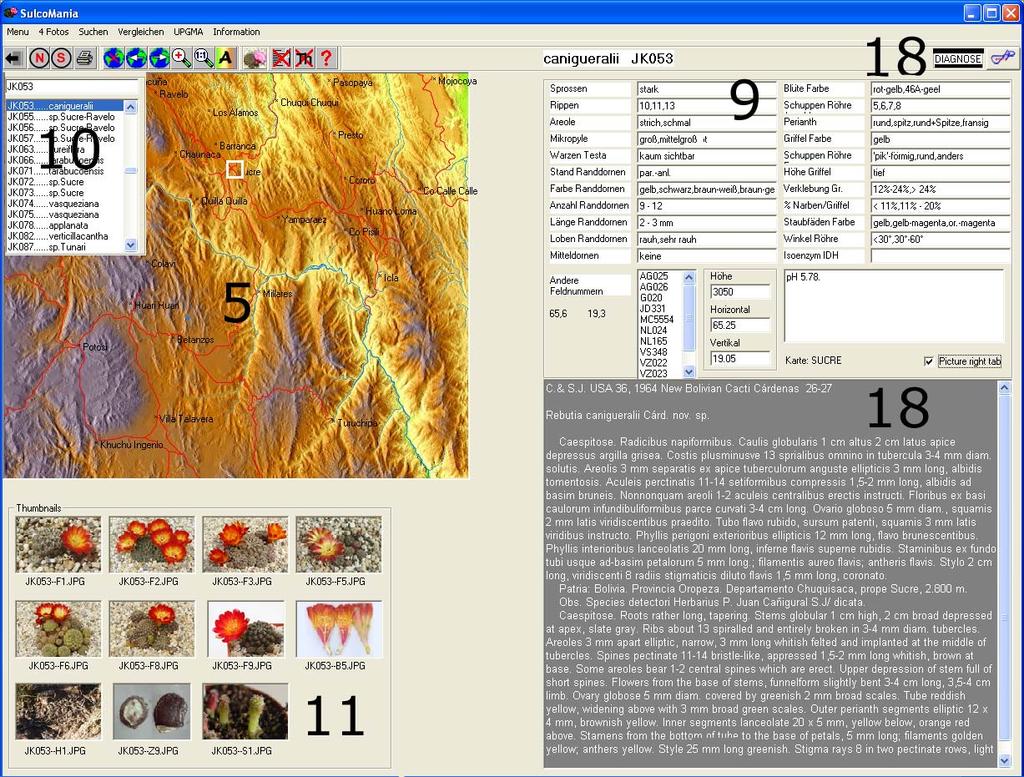 SULCOMANIA 7-10-2014 Installation 2 Hauptmenu 2 Symbole 1 Programm verlassen 2 Liste mit Namen oder Liste mit Feldnummern 2 3 Setup: Wählen der Sprache 2 4 Drucken 5 5 Landkarte zeigen 4 6 Karte nach