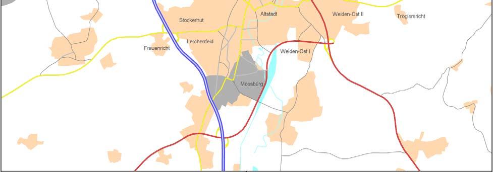 Bild 6: Weidener Straßennetz aus dem PTV Validate mit Untersuchungsbereich Zunächst wurden in dem Modell weitere für die Untersuchung - wichtige Strecken im städtischen Straßennetz ergänzt und die