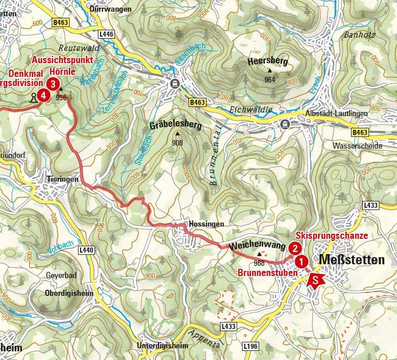 42 43 m 1200 1050 900 750 600 km 2 4 6 8 10 12 14 16 18 20 22 Von hier folgen wir der Beschilderung bergab durch den Wald in Richtung Schömberg.