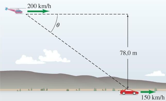 abwerfen, der mit 150 km/h auf einer ebenen Straße 78,0 m unter ihm fährt. In welchem Winkel (mit der Horizontalen) sollte Bond das Auto sehen, wenn er das Päckchen abwirft (I Abbildung 3.58)?