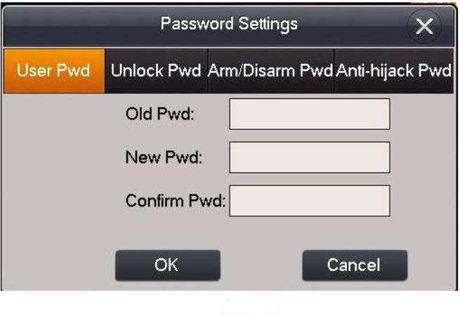 Passwort Gehen Sie auf Passwort um ein neues Benutzerpasswort einzugeben. Sie können auch ein Passwort zum Öffnen der Tür, eines zum Scharf/ Unscharf schalten und ein Anti-Hijack Passwort einstellen.