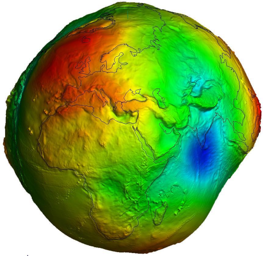 Beulen und Dellen im Erdkörper (3) Die wahre Äquipotentialfläche der Erde (Geoid) ist gegenüber der Ellipsoidoberfläche deformiert und weist Beulen und