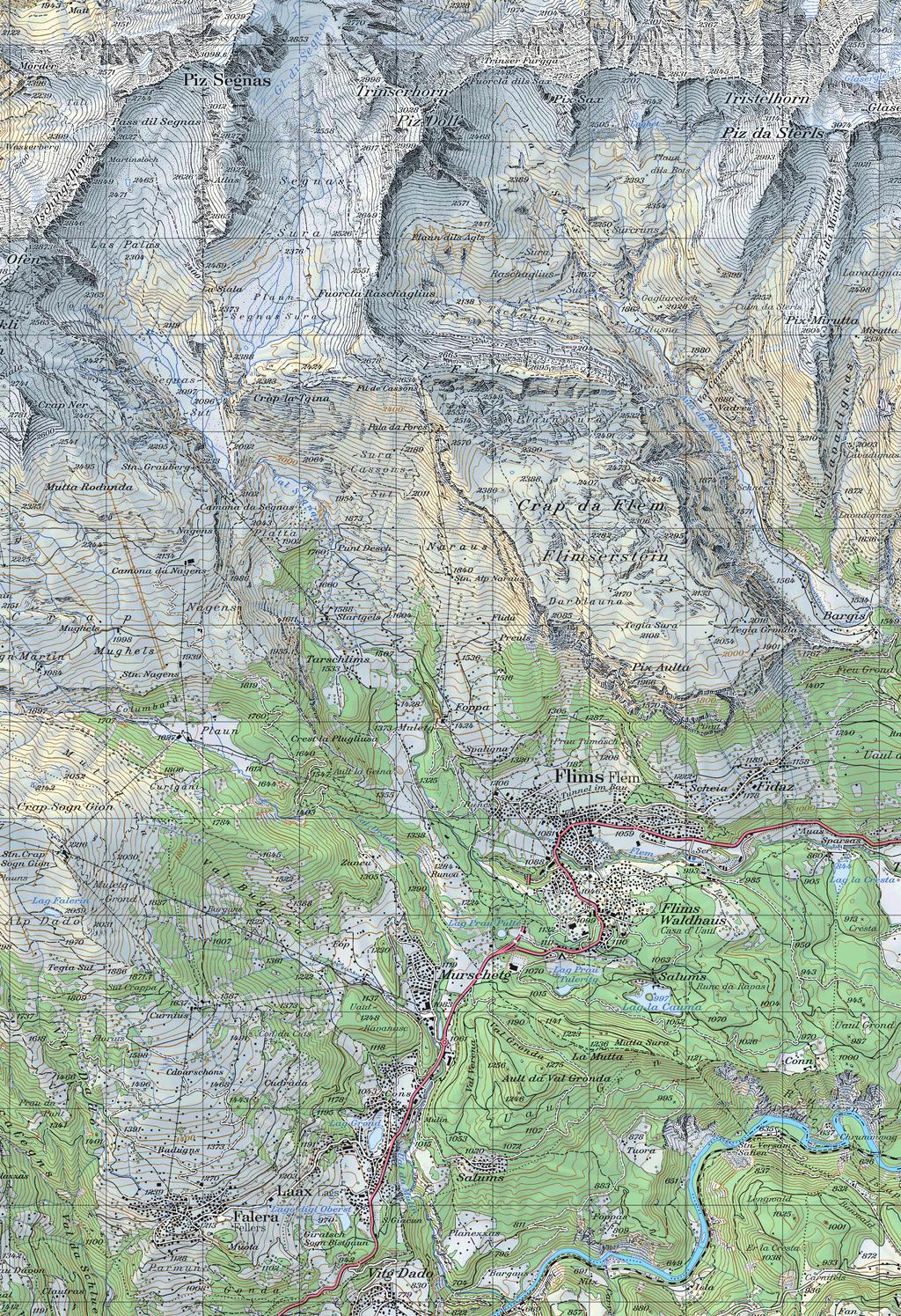 0 ungefähre Abrisskante des Flimser Bergturzes (prähistorisch) 9 Bergsturzgebiet Fidaz (99) Schweizerische
