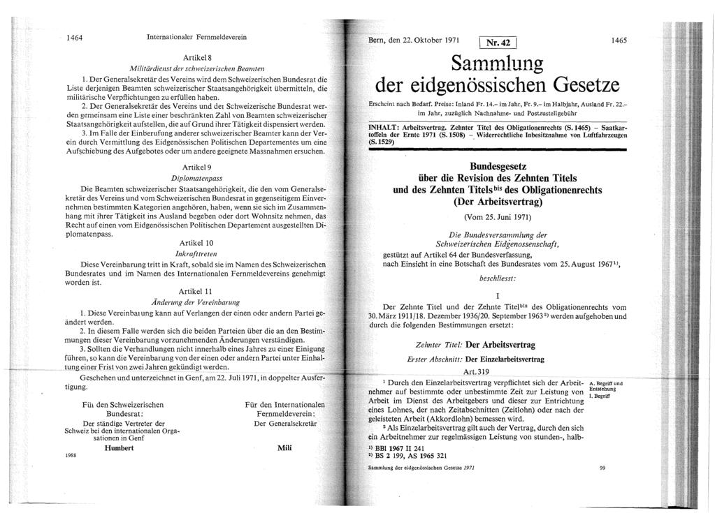 464 Internationaler Fernmeldeverein Artikels Militärdienst der schweizerischen Beamten.
