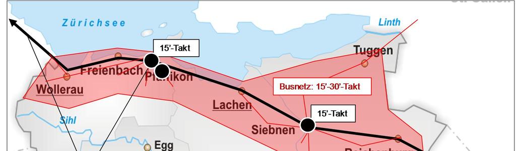 33 In Ausserschwyz (Figur 7) wird die Chance zur Errichtung eines zweiten Bahnknotens in Sieben-Wangen mit schnellen Verbindungen nach Zürich genutzt.