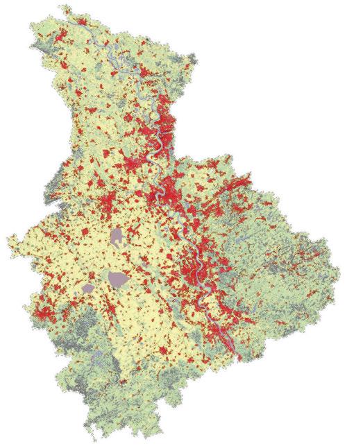 2001 Die Abbildungen machen die Veränderungen des Siedlungsbildes in der Metropolregion in den letzten Jahrzehnten eindrücklich deutlich: Die versiegelten (roten) Flächen nehmen von Jahrzehnt zu
