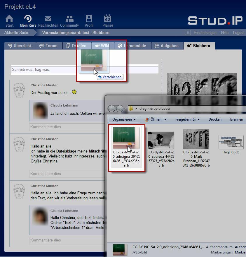 9. Drag&Drop von Dateien Dateien wie Bilder, die Sie auf Ihrem Rechner gespeichert haben, können Sie einfach mit der Maus in ein Blubber-Textfeld ziehen (drag) und dann loslassen (drop).