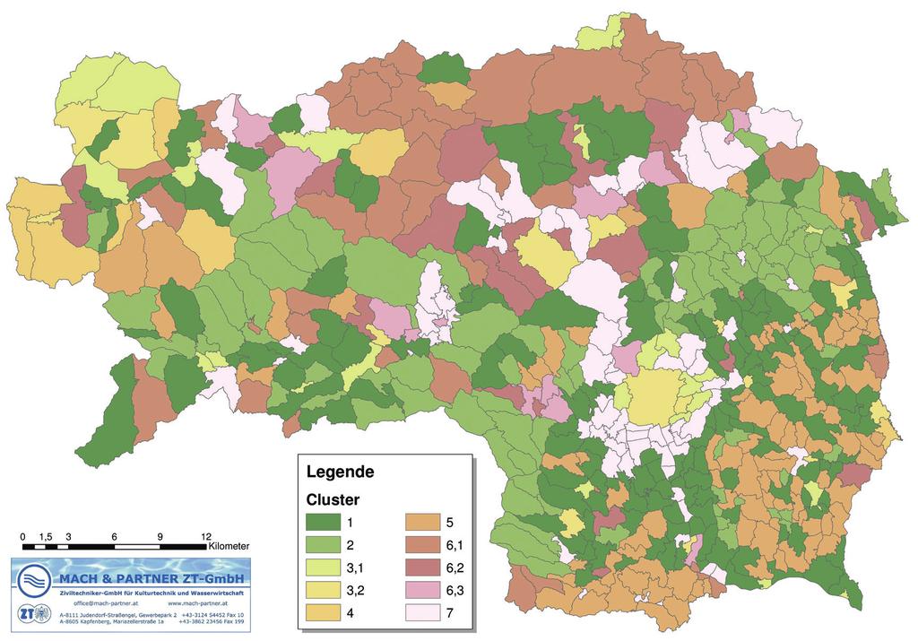 Abbildung 148: Clusterverteilung Steiermark (Stand 2012) Cluster 1 In diesem Cluster konnten 153 Gemeinden mit einer Einwohnerzahl von rund 208.000 zusammengefasst werden.