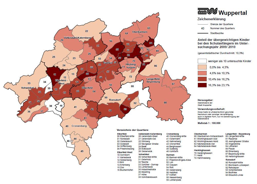 Raumbezogene Daten Einschulung 2010 Wuppertal Anteil der übergewichtigen Kinder Quelle: