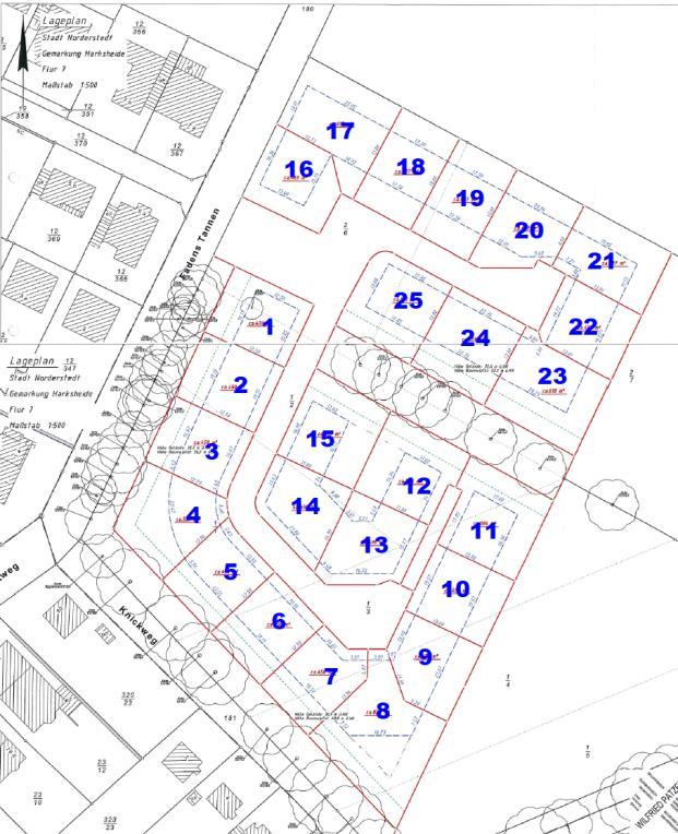 2 Durchführung der Verschattungsanalyse 2.2.1 Erste qualitative Bewertung Das zu untersuchende Neubaugebiet umfasst 25 Grundstücke.