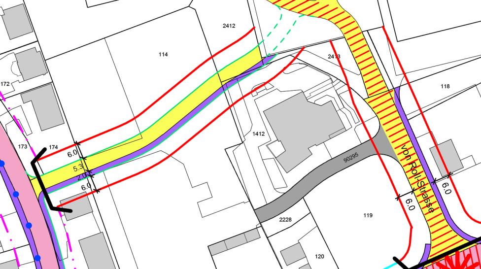 5) Leuenfeld-Süd: Die vorgesehene Anschlussstrasse (sowie ihre Baulinien) an die Lehngasse kann aufgrund verschiedener Eigentümerinteressen noch nicht definitiv festgelegt werden.