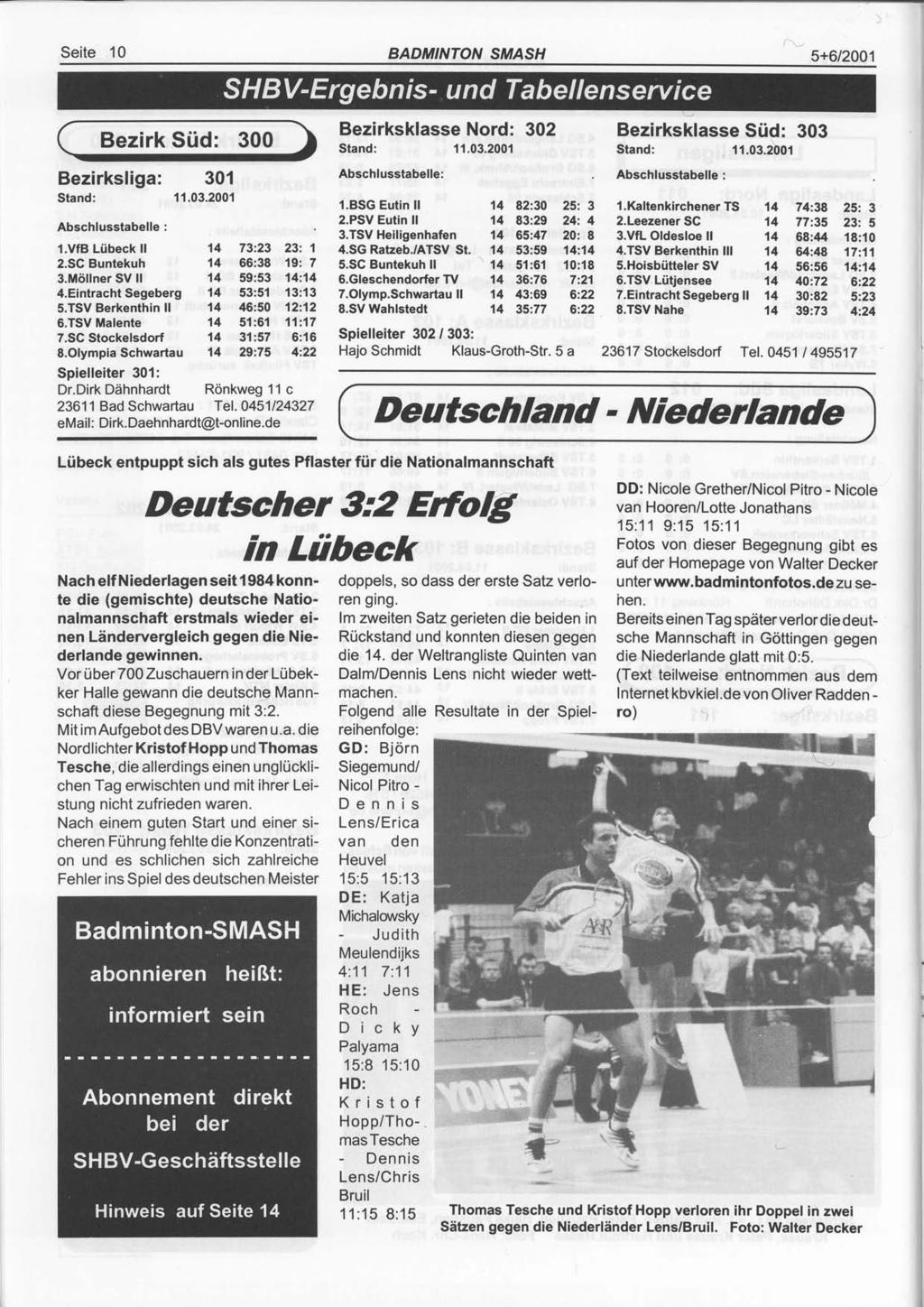 Seite 10 BADMINTOAT SMASH 5+6/2001 Bezirk Süd: 300 Bezirksliga: 301 Stand: 11.03.2001 Abschlusstabelle : 1.VfB Lübeck ll 2.SG Buntekuh 3.Möllner SV ll 4.Eintracht Segeberg S.TSV Berkenthin ll 6.